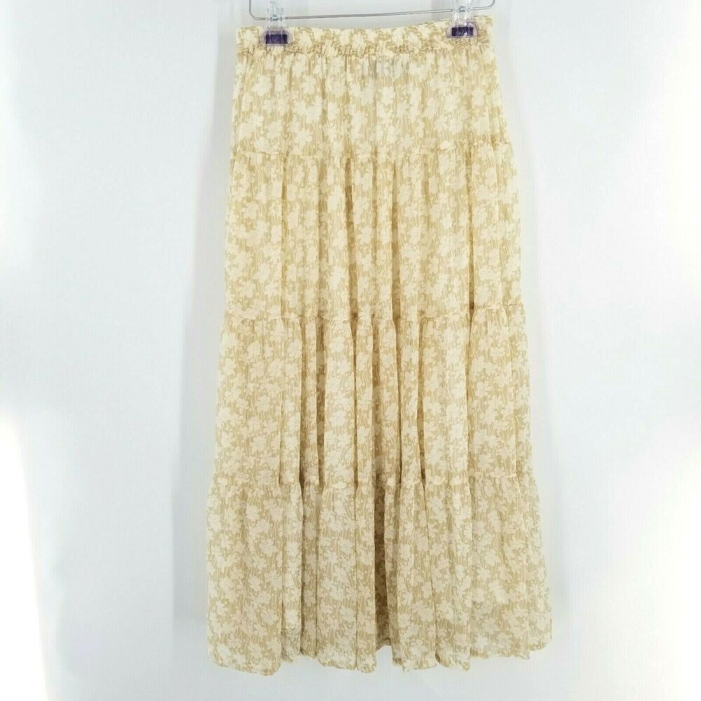 Easy Chic Small 4 Tier Boho Floral Skirt Tan White Fully Lined No Size Tag